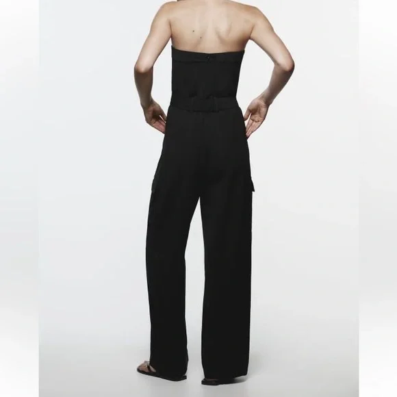 Zara belted black cargo pocket side strapless jumpsuit - Picture 6 of 8